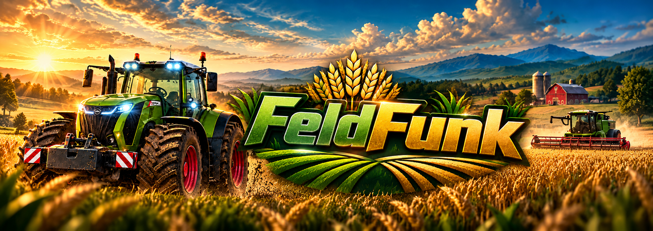 FeldFunk – Traktor und Mähdrescher in einer goldenen Erntelandschaft
